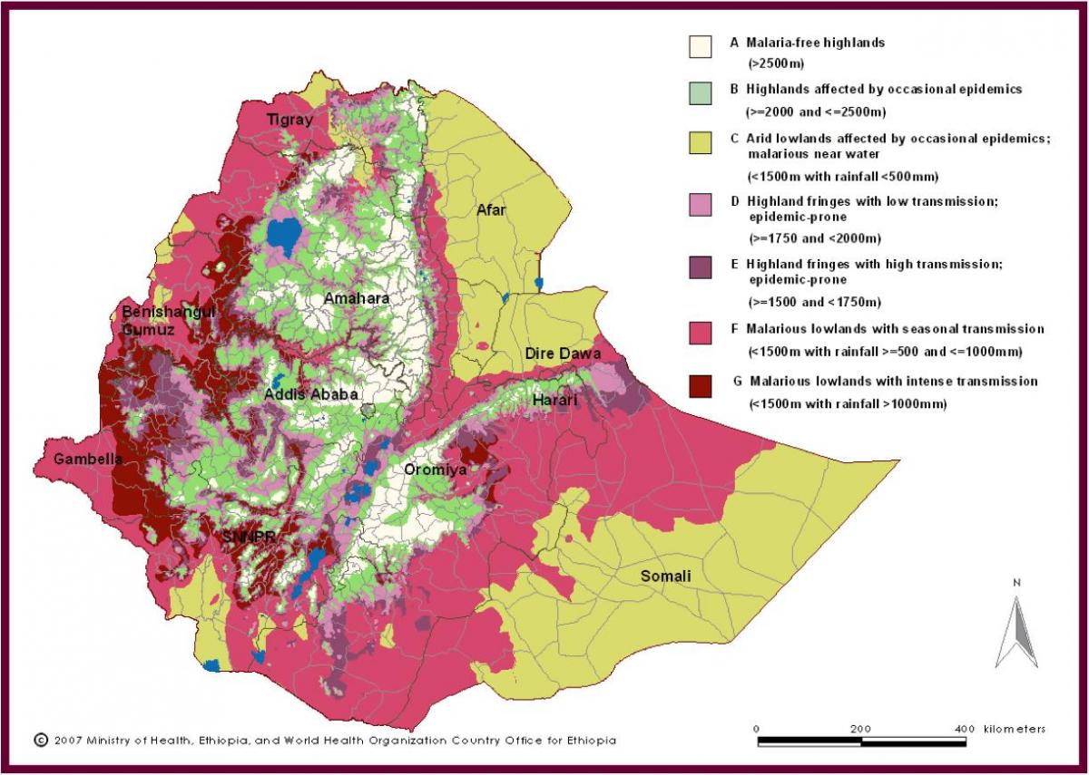 карта на Етиопия малария
